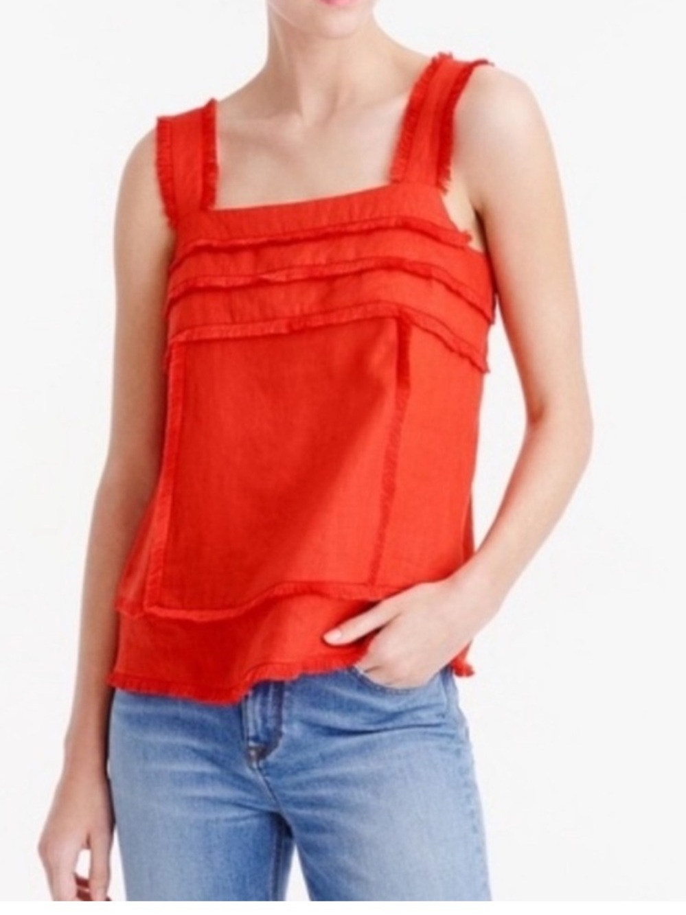 J. Crew 100% linen tank with fringe trim | Size 8, EUC, zip up back
